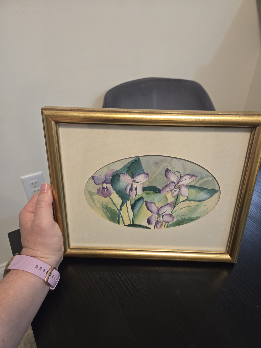 Framed Violet Floral Watercolor Wall Art in Gold Frame